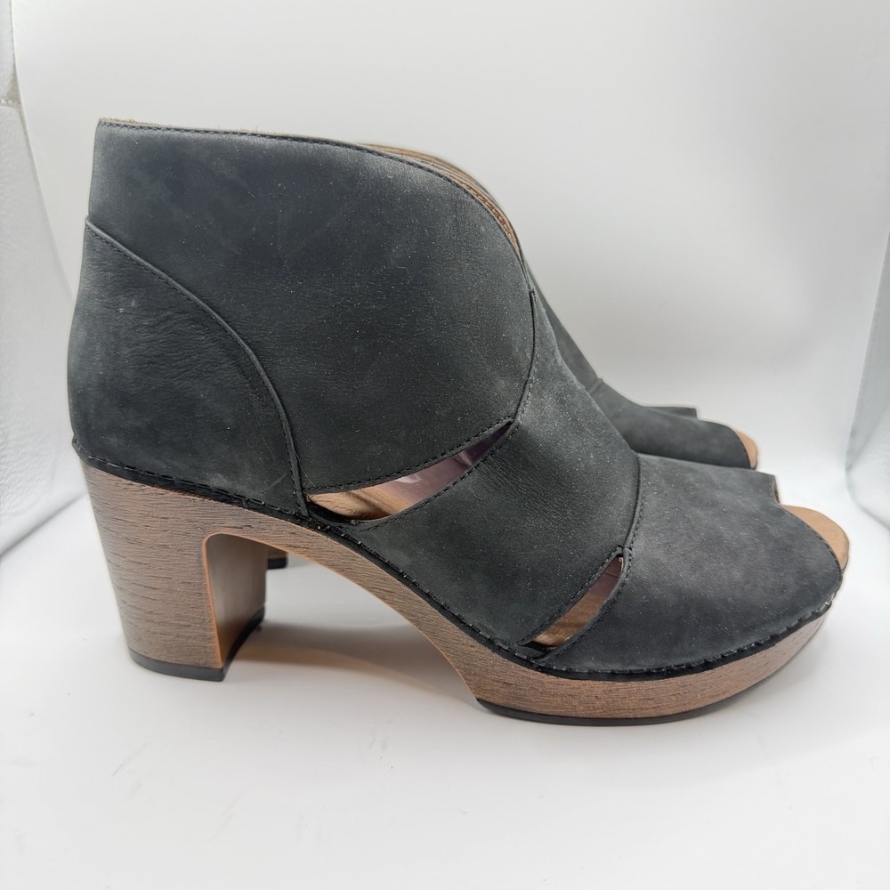 Dansko Delphina Black Nubuck Leather Peep Toe Platform Ankle Booties US 9.5-10